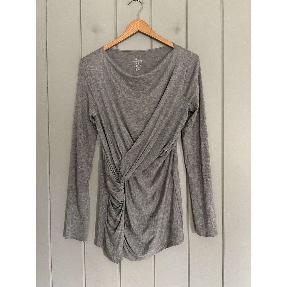 Marc Cain Top N3 6 Heather Gray Ruched Stretch Twist Front Long Sleeve Cowl
